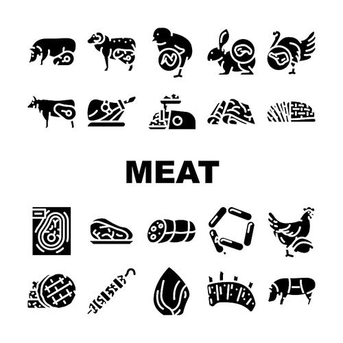 Meat Raw Food Domestic Animal Icons Set Vector. Rabbit And Mutton, Chick And Chicken, Beef And Turkey Meat For Cooking Delicious Dish And Frying Barbeque. Jamon Hen Glyph Pictograms Black Illustration