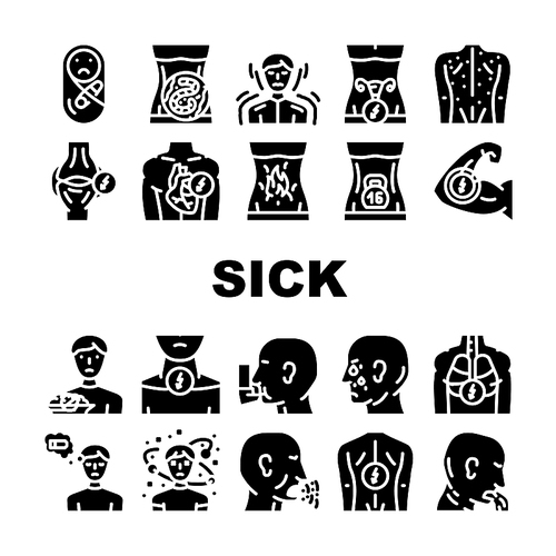 Sick Health Problem And Allergy Icons Set Vector. Children Pain And Backache Sick, Burning In Stomach And Feeling Of Heaviness, Sore Throat Disorientation Disease Glyph Pictograms Black Illustration