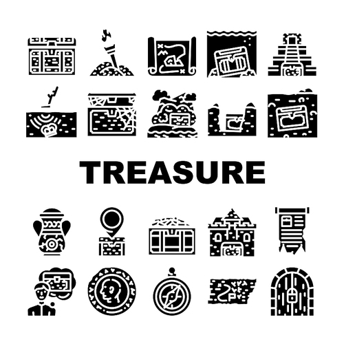 Treasure Precious And Antique Icons Set Vector. Treasure Chest And Manuscript, Compass Equipment And Map With Location For Finding, Gold Pile Vintage Coin Searching Glyph Pictograms Black Illustration