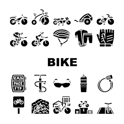 Bike Transport And Accessories Icons Set Vector. Cruiser And Tandem Bike, Trailer For Child And Rider Protective Helmet Gloves And Clothes. Mountain And Road Riding Glyph Pictograms Black Illustration