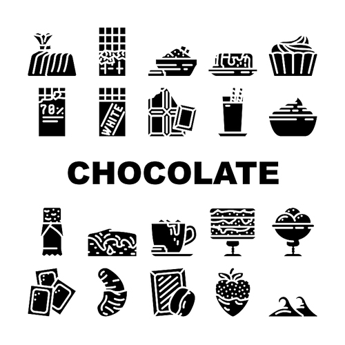 Chocolate Sweet Food And Drink Icons Set Vector. White And Dark Chocolate Bar And Candy, Strawberry And Banana Delicious Cocoa Dessert. Coffee And Milky Beverage Glyph Pictograms Black Illustration