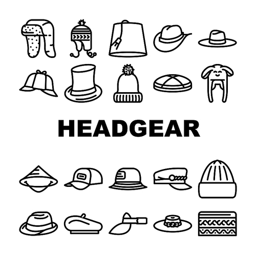 Headgear Stylish Head Clothes Icons Set Vector. Children Winter Warm Hat And Panama Summer Seasonal Clothing, Baseball Cap And French Beret, Cylinder And Dawley Limao Headgear Color Illustrations