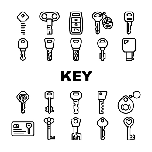 Key For Open And Close Padlock Icons Set Vector. Vintage And Modern Electronic Key With Fingerprint Scanner System, Car And House, Standard English And Ancient Style Color Illustrations