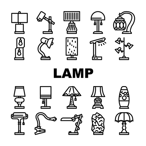 Lamp Equipment For Illuminate Icons Set Vector. Vintage And Modern Led Lamp Electrical Tool For Illuminate Room, Bed Table And Workspace Desk Elegant Light Technology Color Illustrations