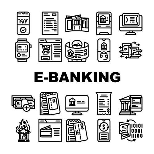 E-banking And Contactless Payment Icons Set Vector. E-banking Online Service And Paying With Mobile Phone Application And Nfc System. Bank Transaction In Smartphone Color Illustrations