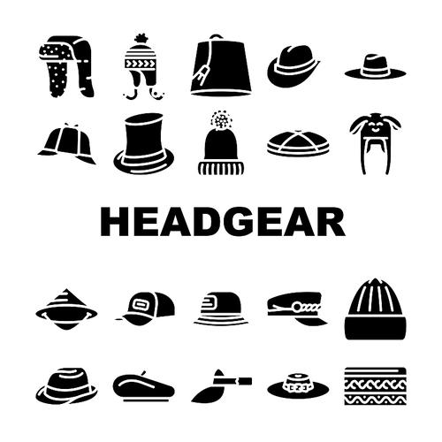 Headgear Stylish Head Clothes Icons Set Vector. Children Winter Warm Hat And Panama Summer Seasonal Clothing, Baseball Cap And French Beret, Cylinder And Dawley Limao Headgear Color Illustrations