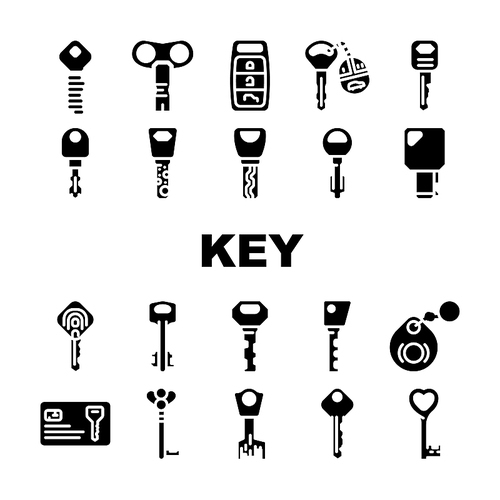 Key For Open And Close Padlock Icons Set Vector. Vintage And Modern Electronic Key With Fingerprint Scanner System, Car And House, Standard English And Ancient Style Color Illustrations