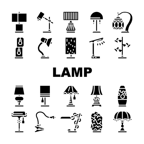 Lamp Equipment For Illuminate Icons Set Vector. Vintage And Modern Led Lamp Electrical Tool For Illuminate Room, Bed Table And Workspace Desk Elegant Light Technology Color Illustrations