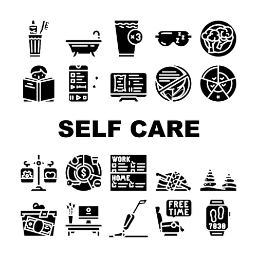 Self Care Procedure And Life Task Icons Set Vector. Self Care Training Exercise And Meditation, House Cleaning And Donation, Brush Teeth And Bathing, Eat Healthcare Food And Drink Color Illustrations