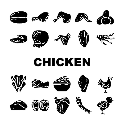 Chicken Carcass, Meat And Organs Icons Set Vector. Chicken Broiler Skinless And Boneless Fillet And Quarter Back, Wings And Drumstick, Liver And Heart. Little Chick Farmland Bird Color Illustrations