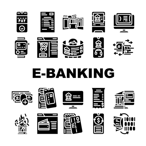 E-banking And Contactless Payment Icons Set Vector. E-banking Online Service And Paying With Mobile Phone Application And Nfc System. Bank Transaction In Smartphone Color Illustrations