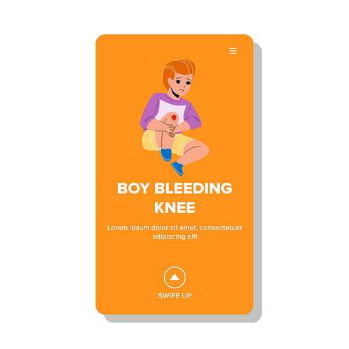 Sad Boy With Bleeding Knee Injury Pain Vector. Little Boy With Bleeding Knee Sitting On Floor And Touching Leg With Trauma. Character Child With Blood Scratch Web Flat Cartoon Illustration