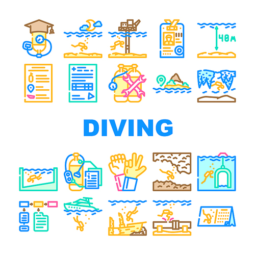 Diving School Education Lesson Icons Set Vector. Diving School Course And Study, Underwater Sign Language And Professional Equipment. Diver Instruction Coach And Certificate Color Illustrations
