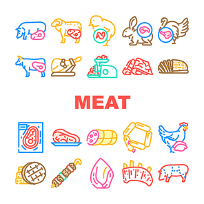 Meat Raw Food Domestic Animal Icons Set Vector. Rabbit And Mutton, Chick And Chicken, Beef And Turkey Meat For Cooking Delicious Dish And Frying Barbeque. Jamon And Hen Color Illustrations