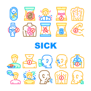 Sick Health Problem And Allergy Icons Set Vector. Children Pain And Backache Sick, Burning In Stomach And Feeling Of Heaviness, Sore Throat And Disorientation Disease Color Illustrations