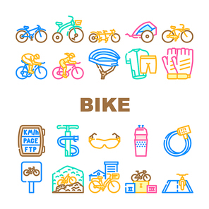 Bike Transport And Accessories Icons Set Vector. Cruiser And Tandem Bike, Trailer For Child And Rider Protective Helmet, Gloves And Clothes. Mountain And Road Riding Color Illustrations