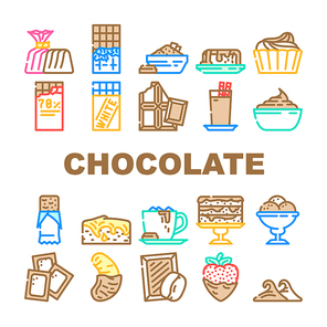 Chocolate Sweet Food And Drink Icons Set Vector. White And Dark Chocolate Bar And Candy, Strawberry And Banana Delicious Cocoa Dessert. Coffee And Milky Beverage Color Illustrations