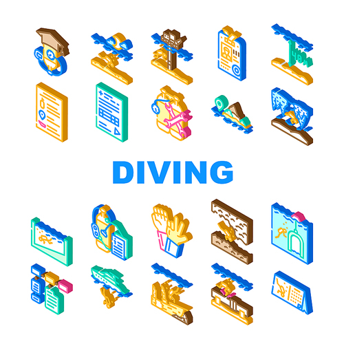 Diving School Education Lesson Icons Set Vector. Diving School Course And Study, Underwater Sign Language Equipment. Diver Instruction Coach And Certificate Isometric Sign Color Illustrations