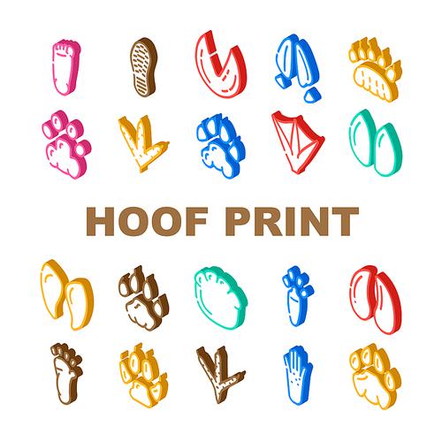 Hoof Print Animal, Bird And Human Shoe Set Vector. People Footprint And Elephant Hoof Print, Deer And Bear, Horse And Tiger, Chicken And Mouse. Mammal Sheep Paw Isometric Sign Color Illustrations