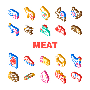 Meat Raw Food Domestic Animal Icons Set Vector. Rabbit And Mutton, Chick And Chicken, Beef And Turkey Meat For Cooking Delicious Dish Frying Barbeque. Jamon And Hen Isometric Sign Color Illustrations
