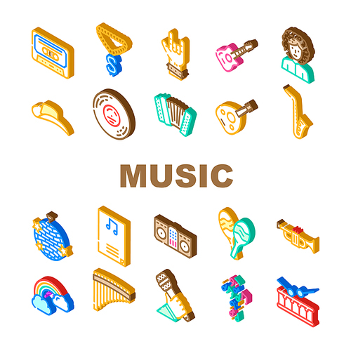 Music Genres Audio Performance Icons Set Vector. Classical And Country, Pop Hip Hop, Jazz Electronic, Disco And Funk Music Genres. Musical Entertainment Performing Isometric Sign Color Illustrations