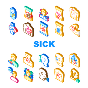 Sick Health Problem And Allergy Icons Set Vector. Children Pain And Backache Sick, Burning In Stomach Feeling Of Heaviness, Sore Throat And Disorientation Disease Isometric Sign Color Illustrations