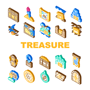 Treasure Precious And Antique Icons Set Vector. Treasure Chest And Manuscript, Compass Equipment And Map With Location For Finding, Gold Pile Vintage Coin Searching Isometric Sign Color Illustrations