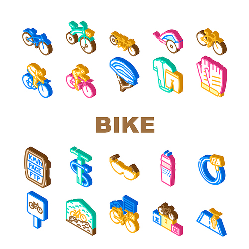 Bike Transport And Accessories Icons Set Vector. Cruiser And Tandem Bike, Trailer For Child And Rider Protective Helmet, Gloves And Clothes. Mountain And Road Riding Isometric Sign Color Illustrations