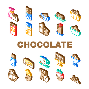 Chocolate Sweet Food And Drink Icons Set Vector. White And Dark Chocolate Bar And Candy, Strawberry And Banana Delicious Cocoa Dessert. Coffee And Milky Beverage Isometric Sign Color Illustrations