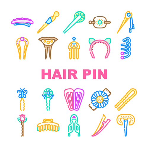 Hair Pin Decorative Accessory Icons Set Vector. Golden Hair Pin With Gemstone And Decorated Butterfly, Rose Bud And Chamomile Flower. Stylish Tool For Hairstyle Color Illustrations