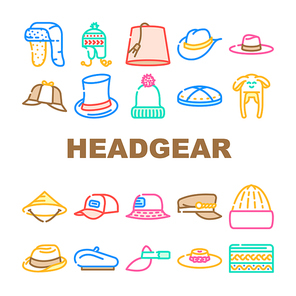 Headgear Stylish Head Clothes Icons Set Vector. Children Winter Warm Hat And Panama Summer Seasonal Clothing, Baseball Cap And French Beret, Cylinder And Dawley Limao Headgear Color Illustrations