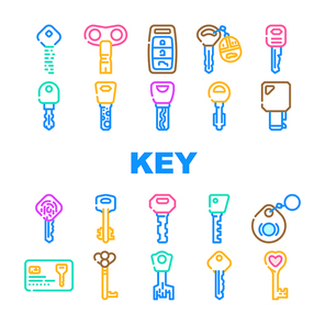 Key For Open And Close Padlock Icons Set Vector. Vintage And Modern Electronic Key With Fingerprint Scanner System, Car And House, Standard English And Ancient Style Color Illustrations