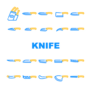 Kitchen Knife For Cutting Food Icons Set Vector. Chef Kitchen Knife For Cut Meat Fillet And Tomatoes, Bread And Pizza, Nakiri For Vegetables And Fruits. Cooker Sharp Blade Equipment Color Illustrations