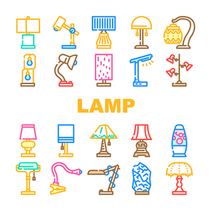 Lamp Equipment For Illuminate Icons Set Vector. Vintage And Modern Led Lamp Electrical Tool For Illuminate Room, Bed Table And Workspace Desk Elegant Light Technology Color Illustrations