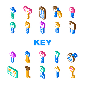 Key For Open And Close Padlock Icons Set Vector. Vintage And Modern Electronic Key With Fingerprint Scanner System, Car And House, Standard English And Ancient Style Color Illustrations