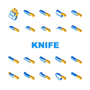 Kitchen Knife For Cutting Food Icons Set Vector. Chef Kitchen Knife For Cut Meat Fillet And Tomatoes, Bread And Pizza, Nakiri For Vegetables And Fruits. Cooker Sharp Blade Equipment Color Illustrations
