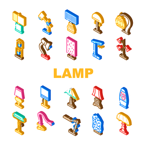 Lamp Equipment For Illuminate Icons Set Vector. Vintage And Modern Led Lamp Electrical Tool For Illuminate Room, Bed Table And Workspace Desk Elegant Light Technology Color Illustrations
