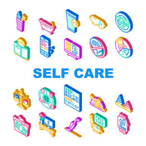 Self Care Procedure And Life Task Icons Set Vector. Self Care Training Exercise And Meditation, House Cleaning And Donation, Brush Teeth And Bathing, Eat Healthcare Food And Drink Color Illustrations
