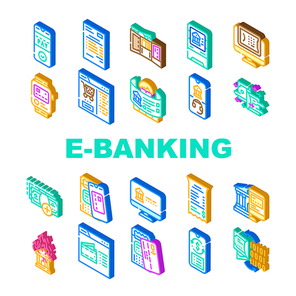 E-banking And Contactless Payment Icons Set Vector. E-banking Online Service And Paying With Mobile Phone Application And Nfc System. Bank Transaction In Smartphone Color Illustrations