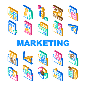 Email Marketing And Advertisement Icons Set Vector. Email Marketing Businessman Occupation For Sending Electronic Message To Customer With Product Information And Service Color Illustrations