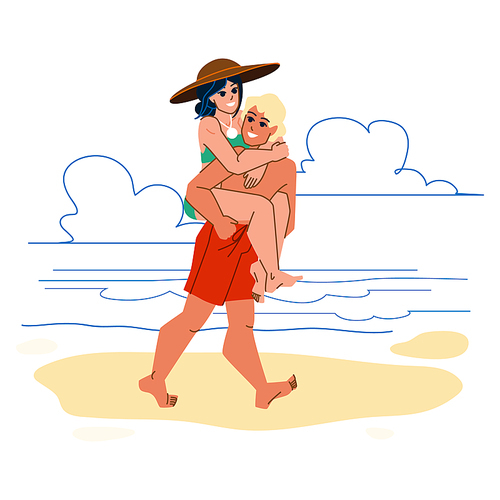 couple beach vector. vacation love, happy sea woman man, young summer people couple beach character. people flat cartoon illustration
