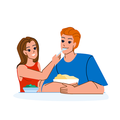 couple eating vector. food man woman, happy lunch, together meal couple eating character. people flat cartoon illustration