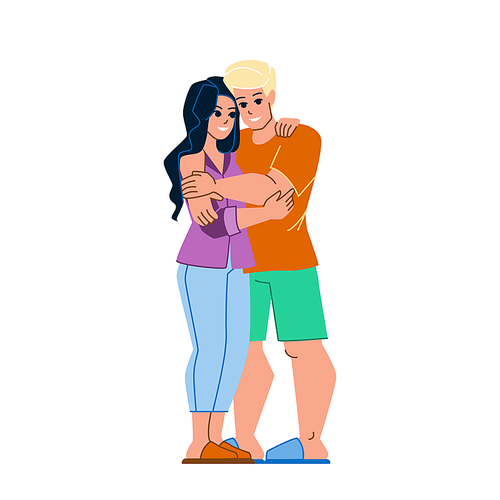 couple embracing vector. woman man love, happy hug, romantic home, young smile together couple embracing character. people flat cartoon illustration