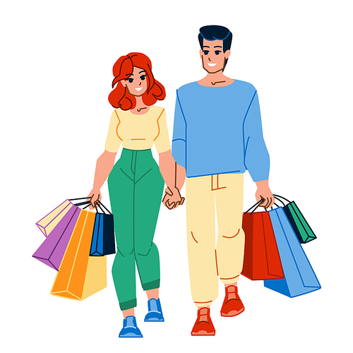 couple shopping vector. man woman city, love happy bag, retail buying couple shopping character. people flat cartoon illustration