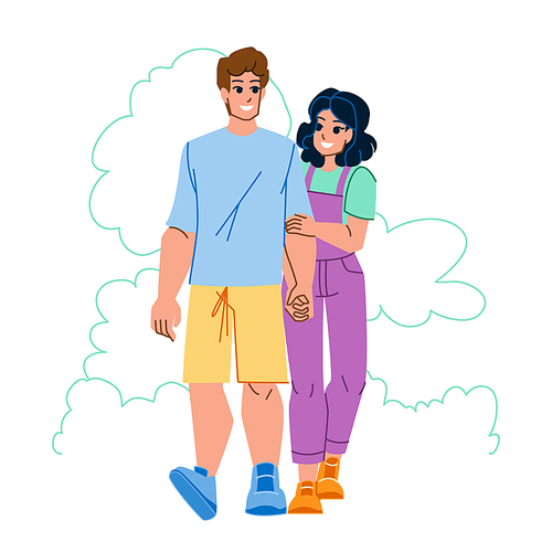 couple walking vector. happy man woman, park nature, love together couple walking character. people flat cartoon illustration