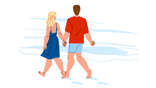 couple walking on beach vector. summer romantic love, happy sunset, holiday vacation couple walking on beach character. people flat cartoon illustration