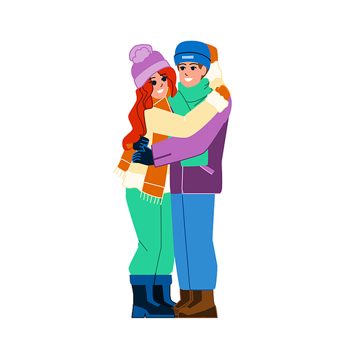 couple winter vector. happy man woman, young romantic holiday, fun nature couple winter character. people flat cartoon illustration