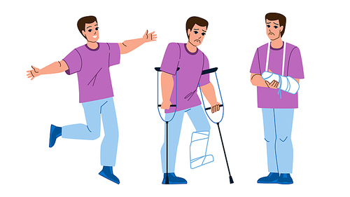 fracture man vector. leg hand broken, accident plaster, cast home injury, person bandage fracture man character. people flat cartoon illustration