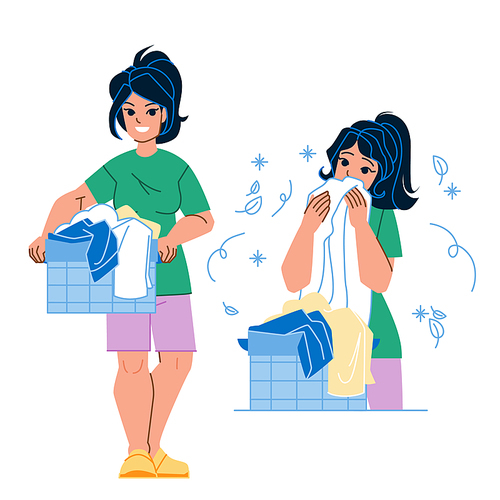 laundry clean woman vector. happy smell home, young housewife, fresh household basket laundry clean woman character. people flat cartoon illustration