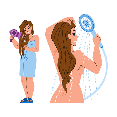 shower woman vector. bathroom water, girl wash, body bath skin care shower woman character. people flat cartoon illustration